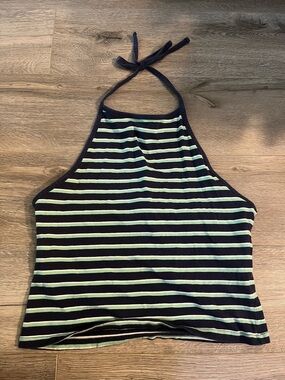 Striped Halter Neck Crop Top in Black and Mint